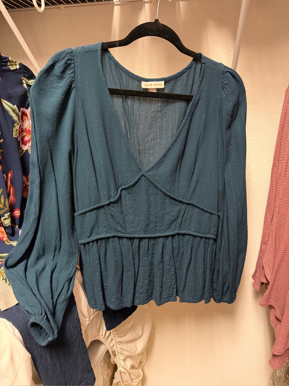Knox Rose Teal V-Neck Peasant Blouse